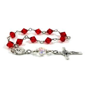 Divine Mercy & Lady Fatima Red One Decade Rosary, Swarovski Crystals